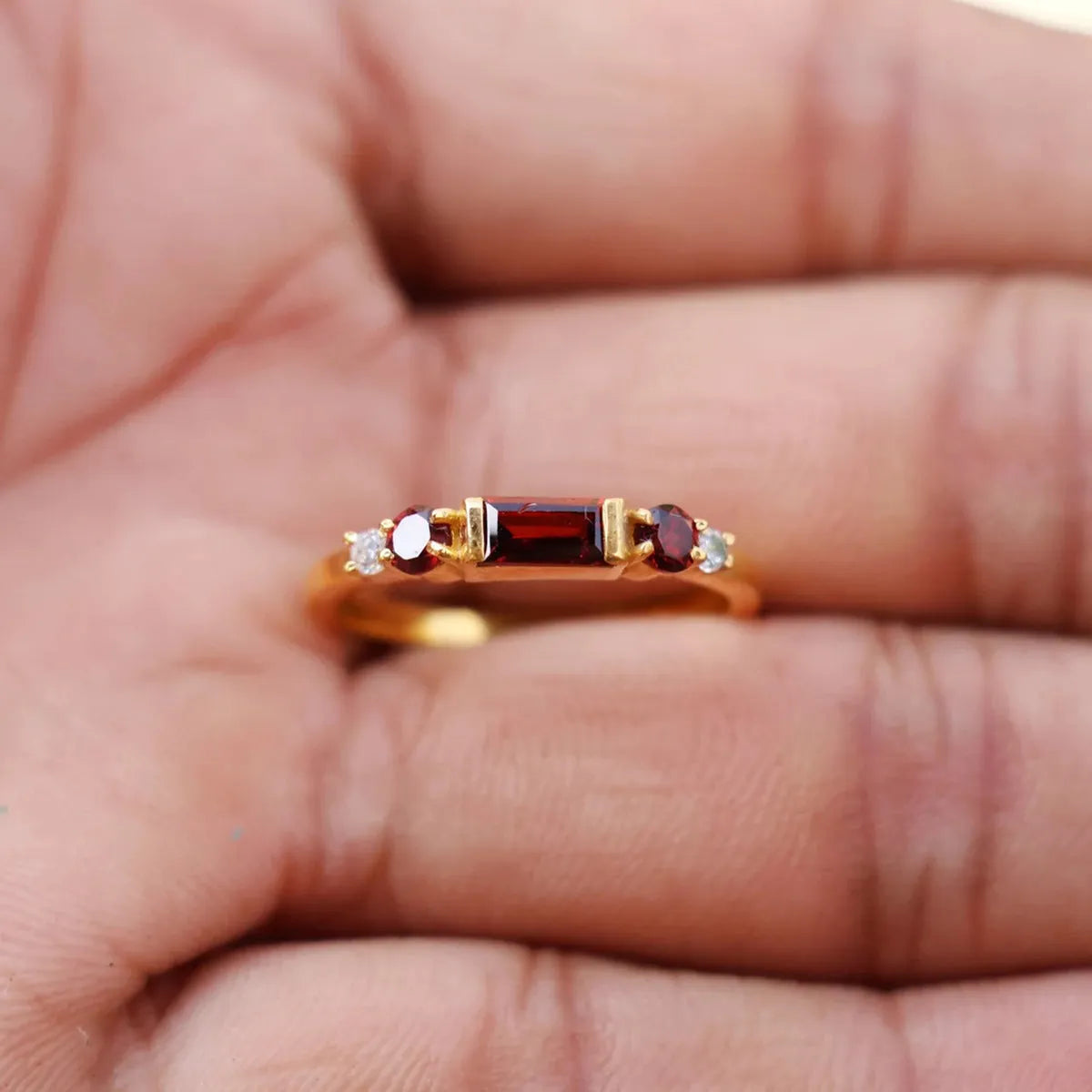 S925 sterling silver ring with redstone inlay on yellow gold band, geometric design, women's US size 7