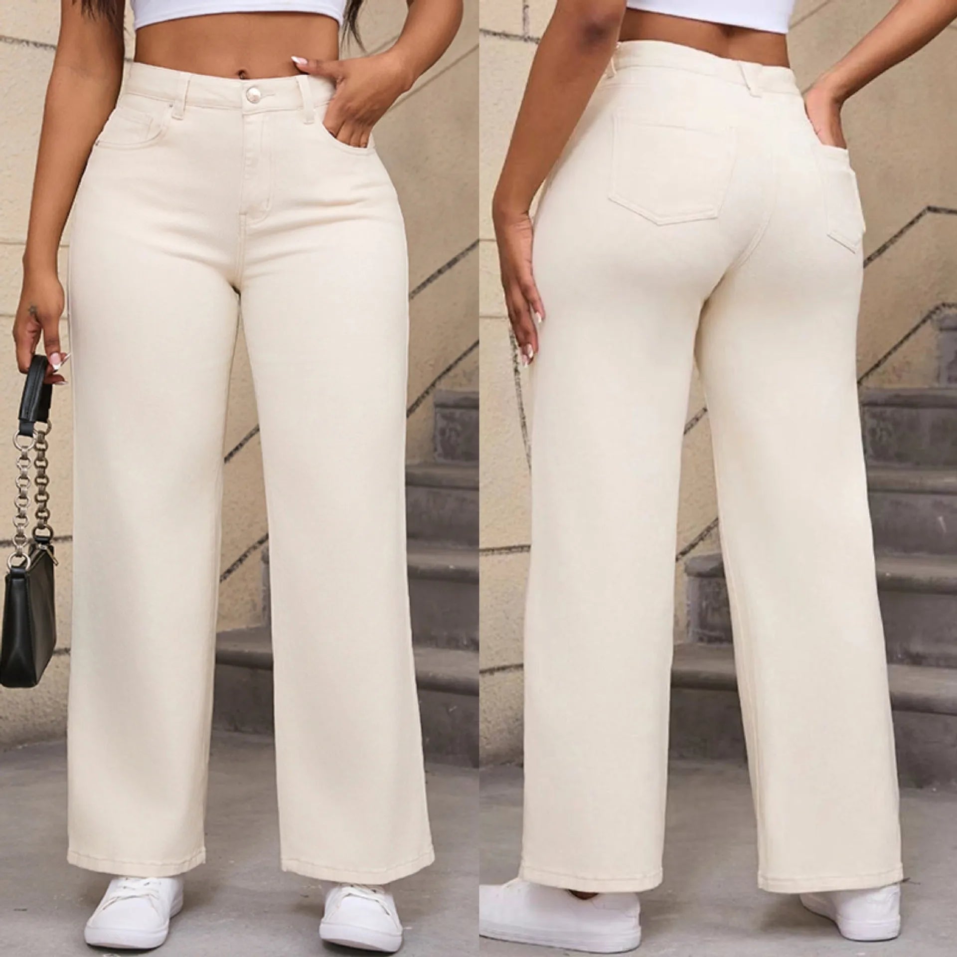 Women's apricot high-waist wide-leg straight jeans on a hanger