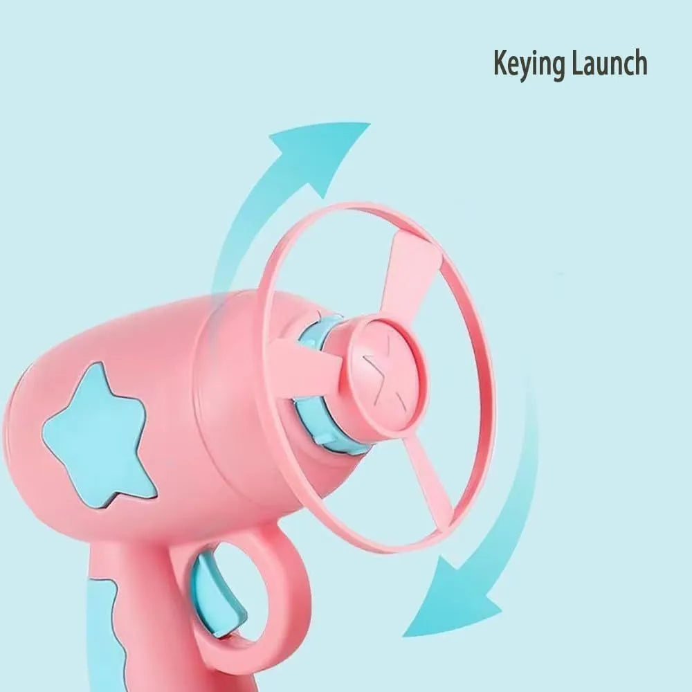 Blue plastic cat toy gun with spinning frisbee for indoor feline entertainment