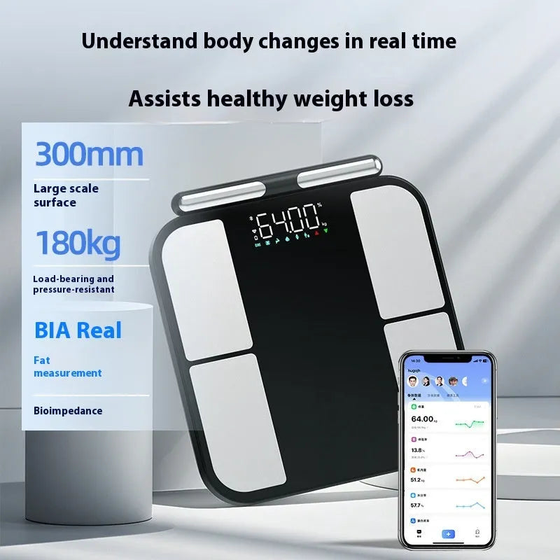 Black digital body composition scale with tempered glass platform and colour touchscreen display