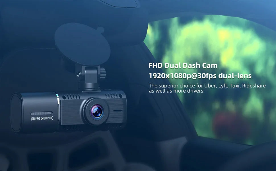 Black dual-channel dashcam car camera with front and rear recording for vehicle security