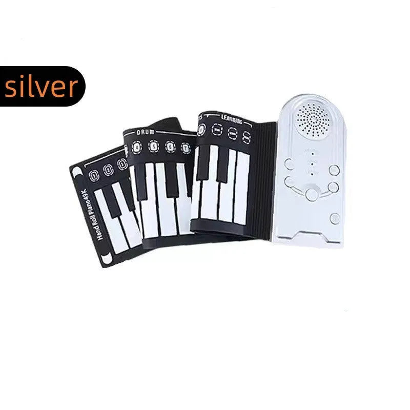 Portable 49-key folding electronic keyboard in pearl white, shown both unfolded for playing and folded for storage.