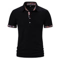 Men's cotton blend polo shirt with turnover collar, short sleeves, and colour stitching in navy blue.
