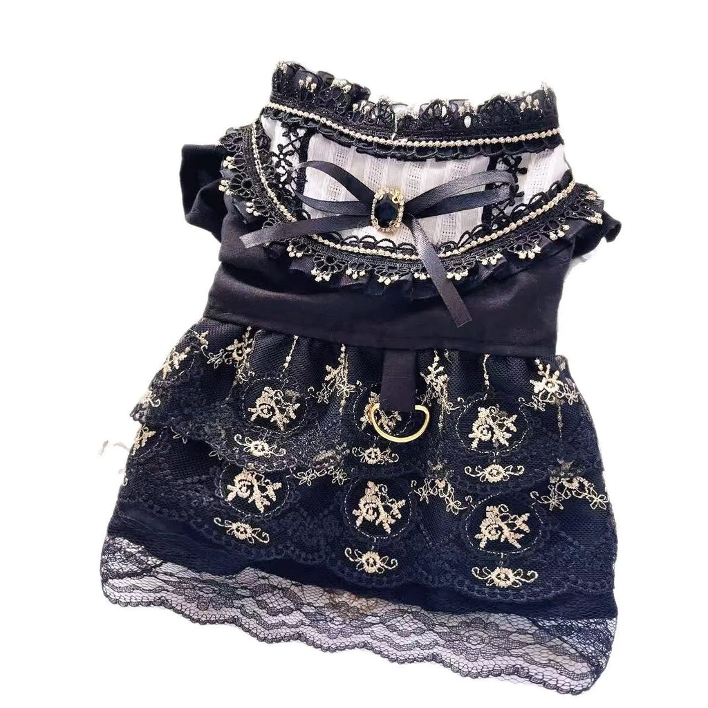 Golden gothic princess skirt dress for a small dog or cat on a mannequin.