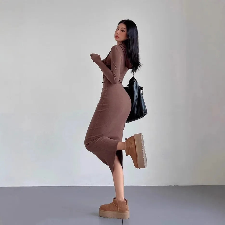 Women's grey hooded long sleeve sheath dress with high waist, shown knee-length.