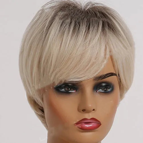 Short straight ombre blonde synthetic hair wig with bangs, 8 inch length, brown gradient gold colour, on mannequin head