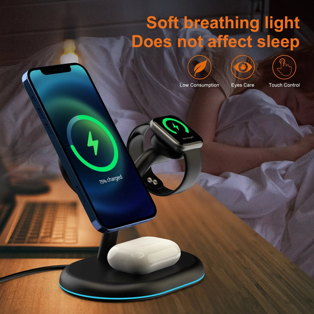Black magnetic wireless charging station with three-in-one design for multiple devices