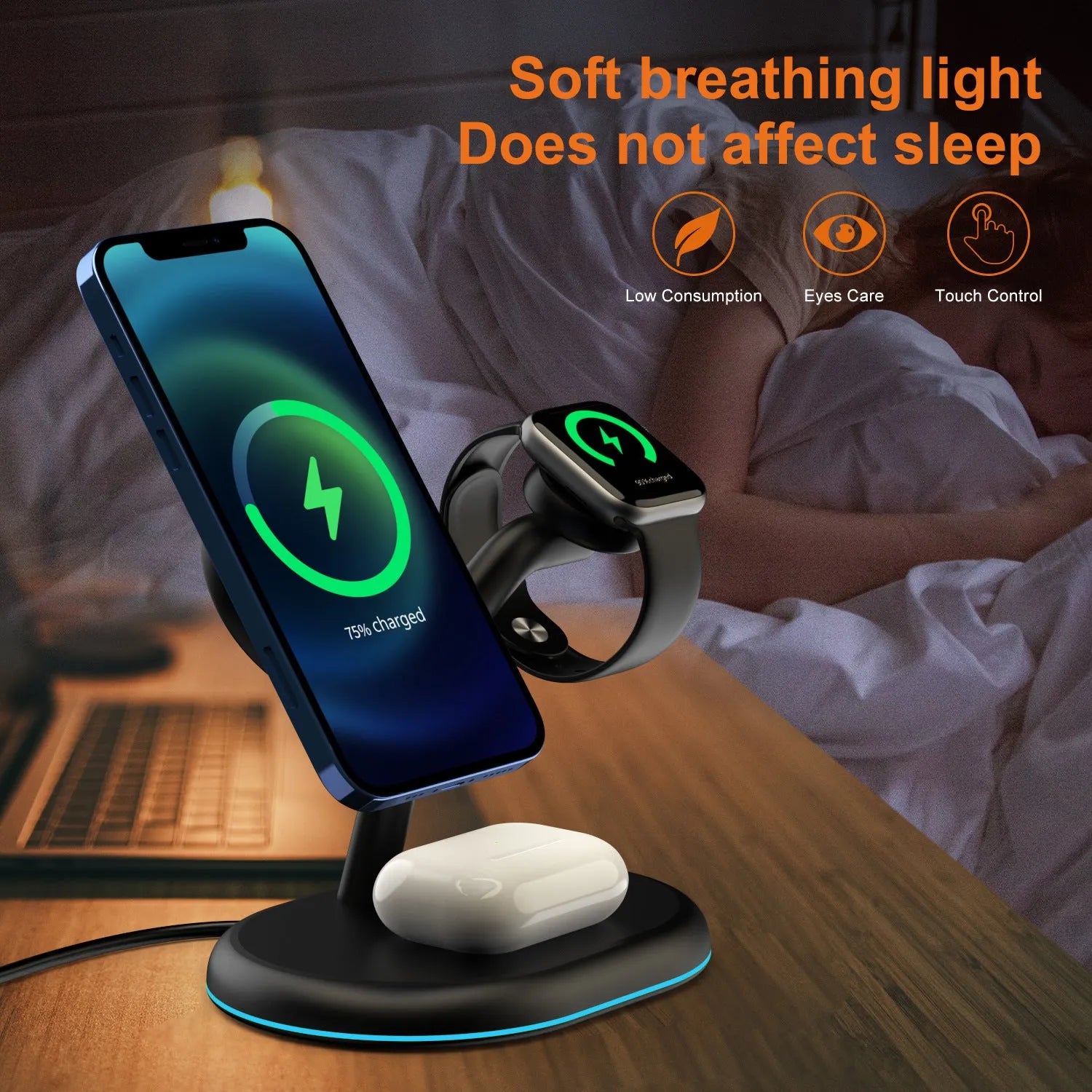 Black magnetic wireless charging station with three-in-one design for multiple devices
