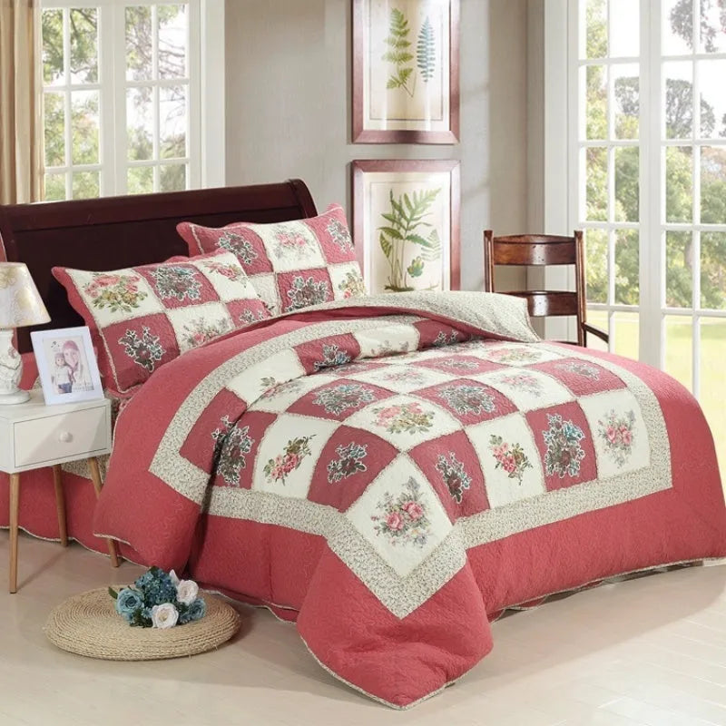 Pure cotton Korean style bedspread set with quilted texture on a bed, showing non-slip cover and matching pillowcases.