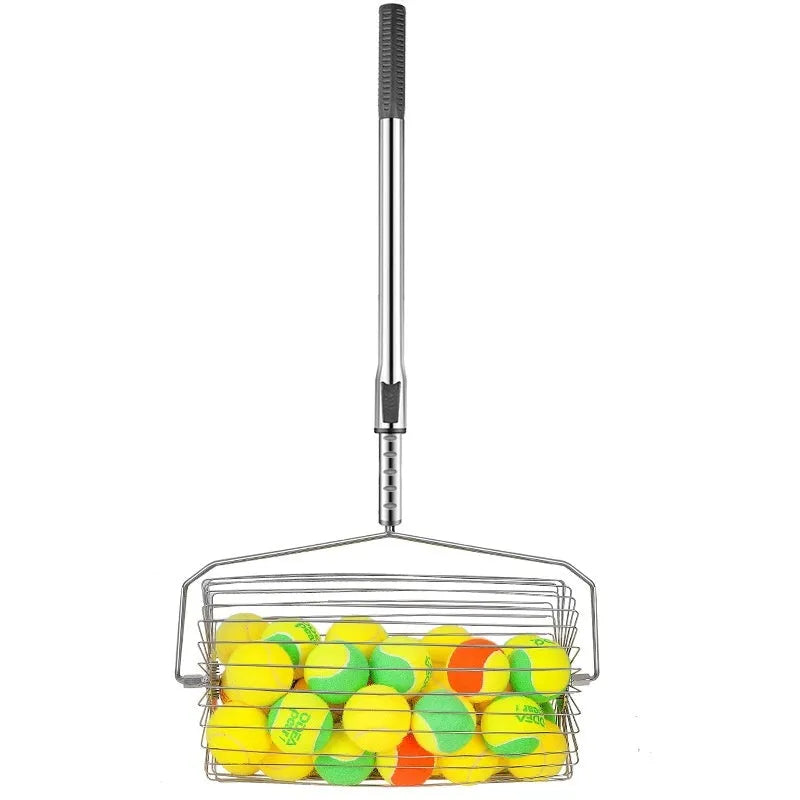 Stainless steel roller tennis ball picker with adjustable handle on a court.