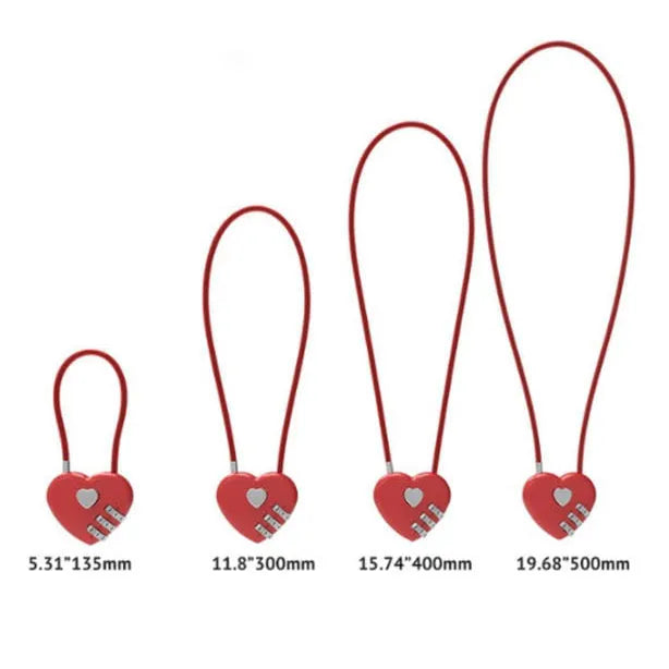 Peach heart shaped ABS plastic padlock with a long steel wire rope in one of six colour options.