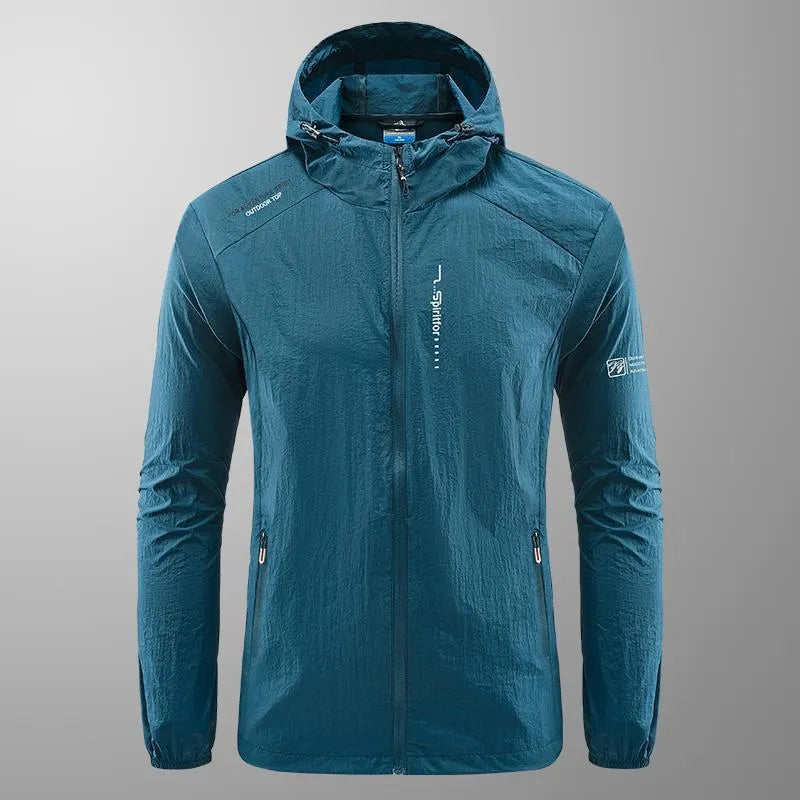 Men's lightweight nylon hooded summer jacket in loose fit, shown in a neutral colour.