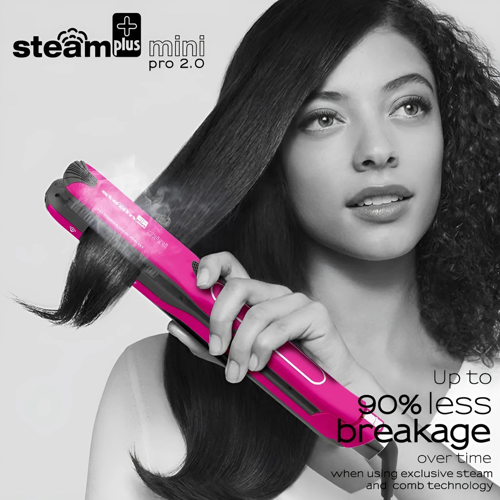Mini steam spray hair straightener in purple, rose red or champagne colour with steam mist function