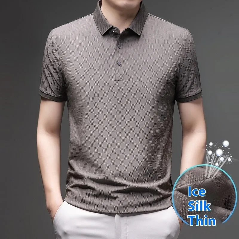 Thin Ice Silk blend short sleeve T-shirt in black with a V-neck and slit hem detail on a hanger.