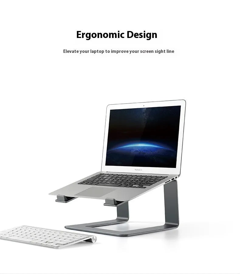 Aluminium alloy laptop stand on desktop in black colour with laptop elevated