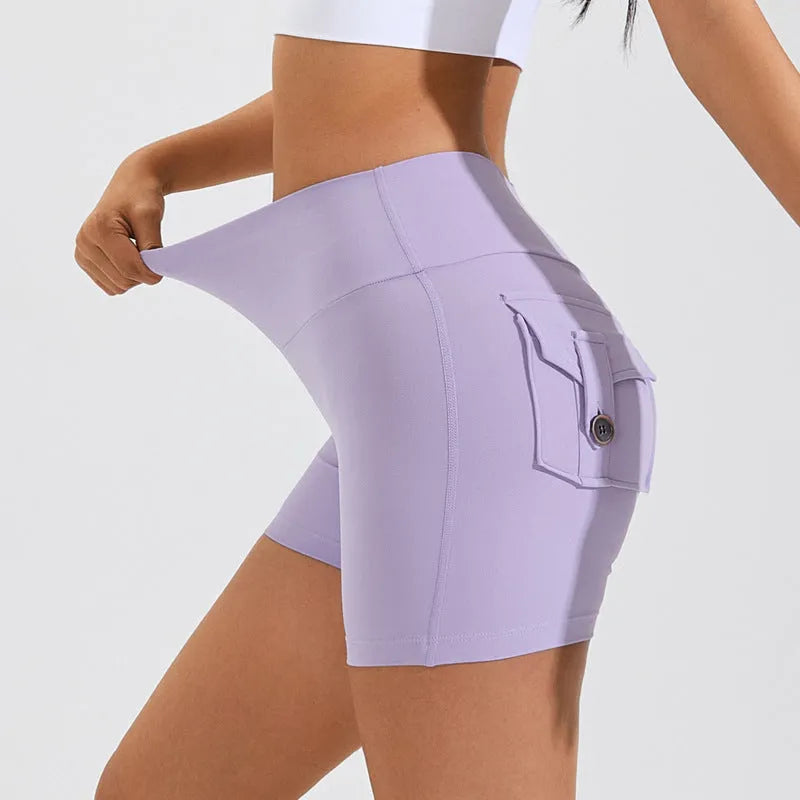 Women's high waist quick-dry nylon sports shorts with pockets in avocado green colour