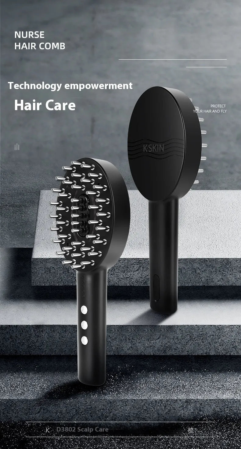 Black handheld scalp massage device with charging cable for vibration therapy