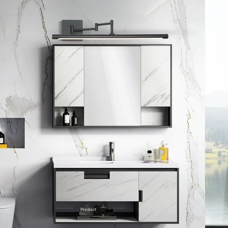 Modern LED bathroom mirror cabinet in Sand Black finish showing multiple light settings and 420mm width