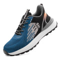 Blue men's safety work shoes with Flyknit mesh upper and lace closure