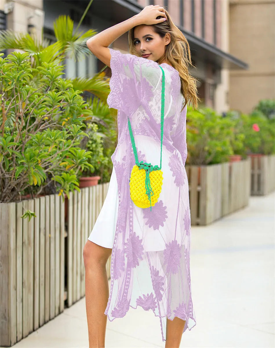 Light purple lace embroidery beach cover-up dress for women with cotton blend lining