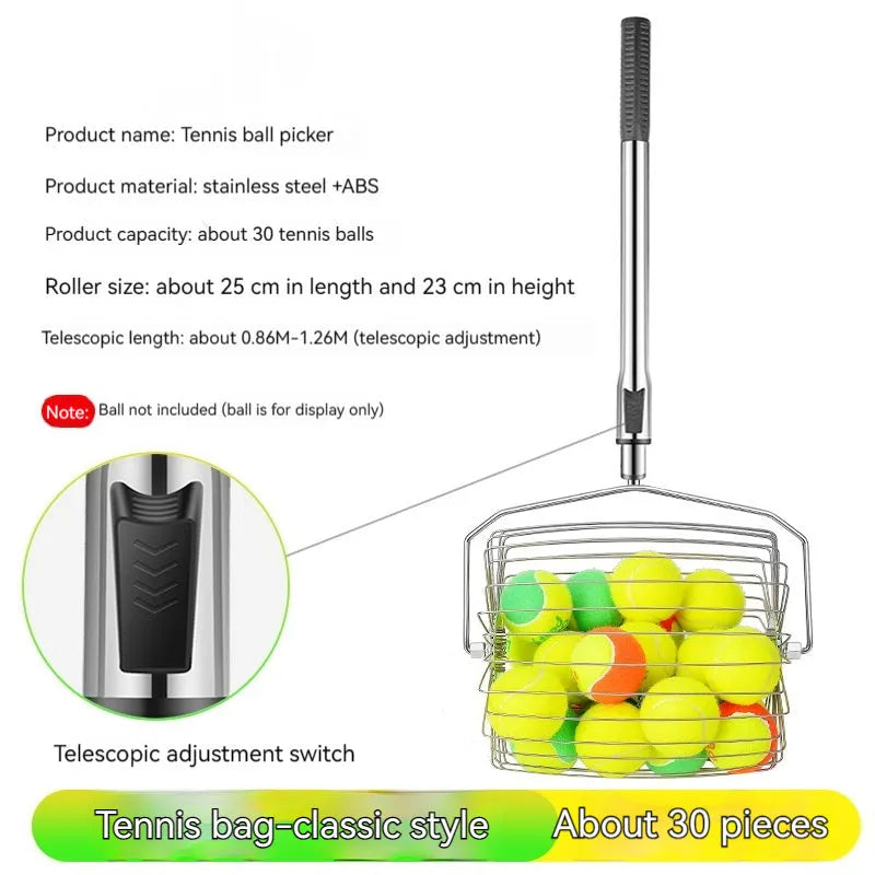 Stainless steel roller tennis ball picker with adjustable handle on a court.
