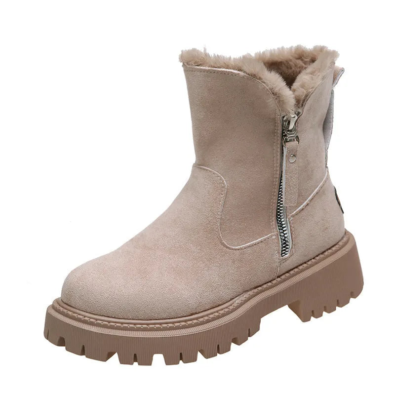 Women's black high-top snow boots with side zipper and thick plush lining on a winter background.