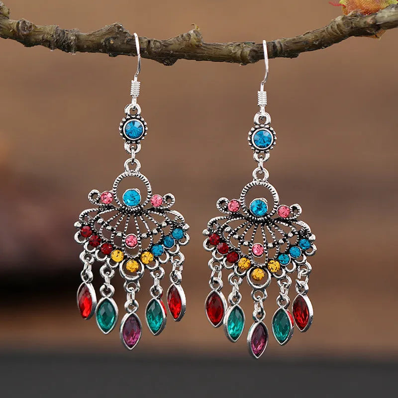 Purple retro drop earrings with long crystal fringe ethnic style jewellery