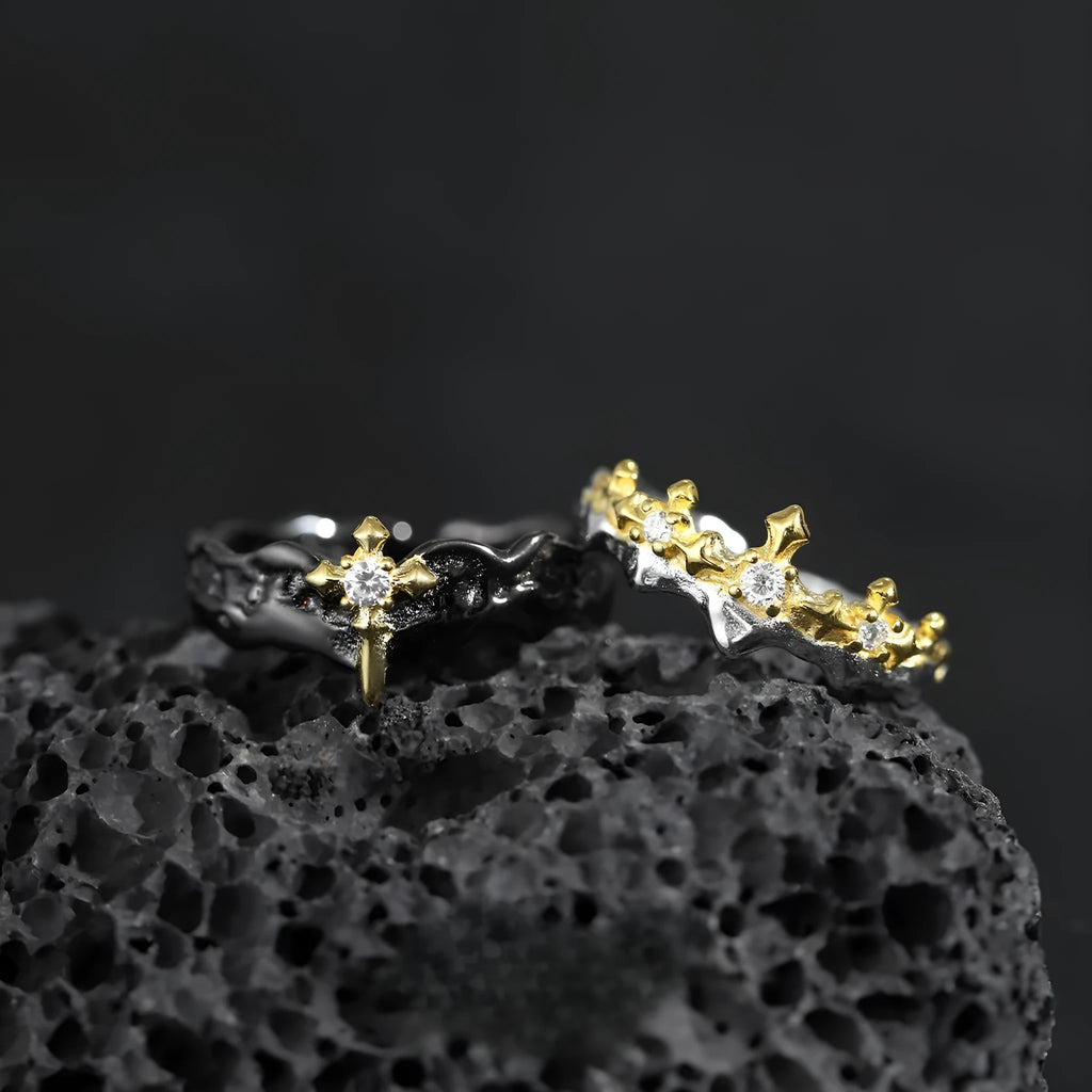 Adjustable silver couple ring with electroplated white gold or black gold finish and minority princess knight design