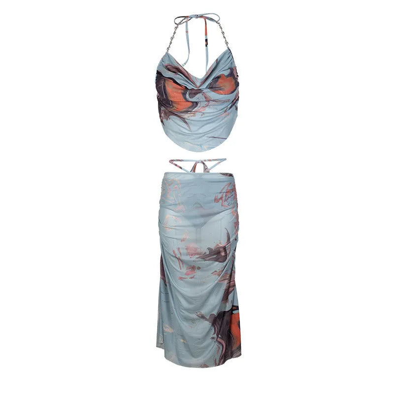 Blue women's bikini set with diamond chain detailing and three-piece construction for hot spring and beach use