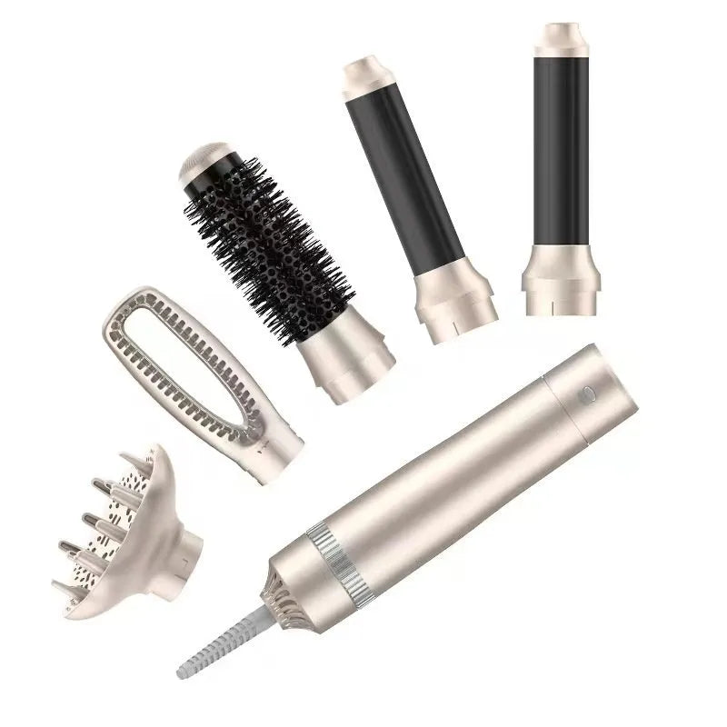 Champagne gold five-in-one hot air comb hair curler styling tool with multiple attachments