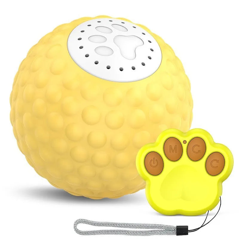 Blue remote control cat toy with rolling ball mechanism and feather attachment