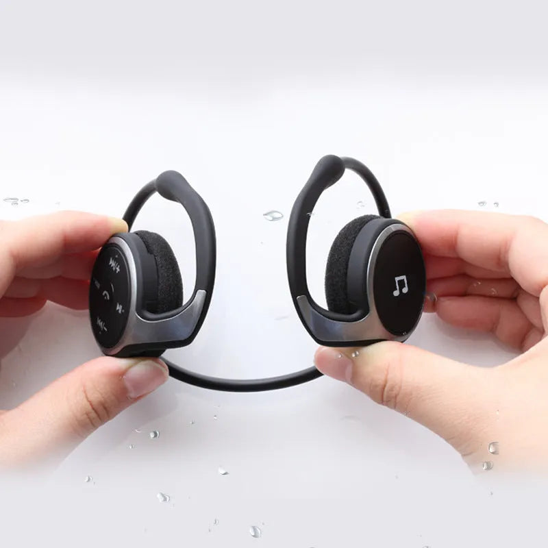 Stereo wireless Bluetooth headset in black with ear hooks and inline microphone