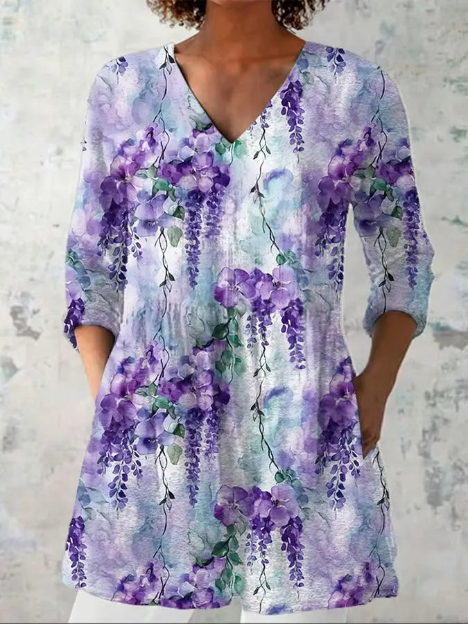 Women's retro slim fit long-sleeved top with digital printing in polyester fabric