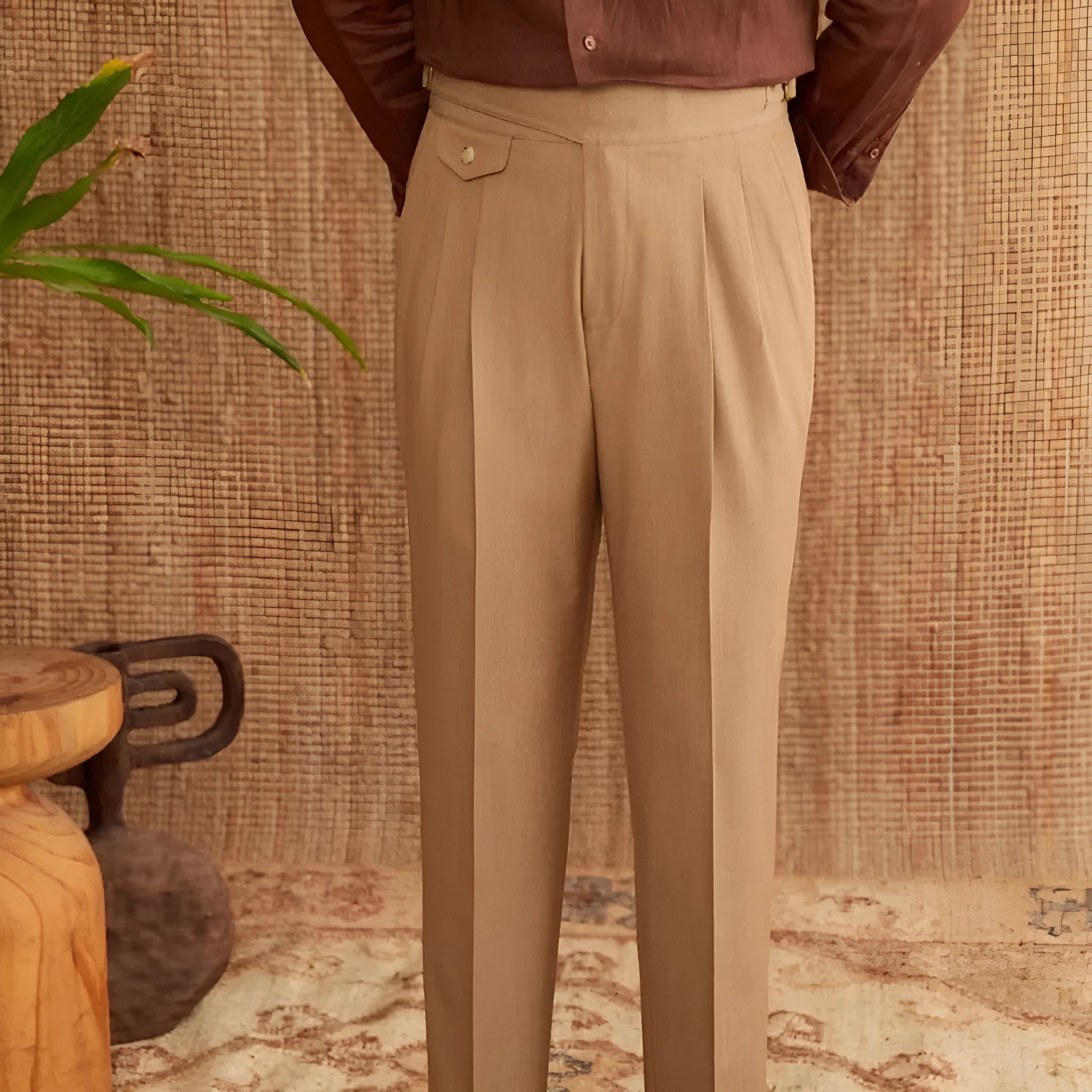 Men's slim fit straight leg business trousers in dark grey, light brown and light apricot colours