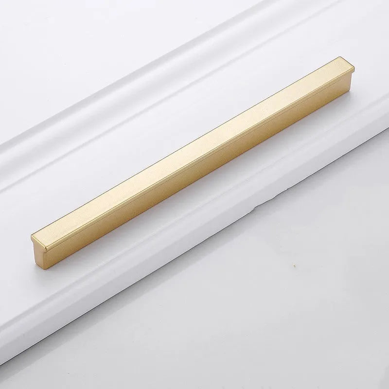 Gold aluminium alloy single hole T-shaped cabinet handle showing three hole distance size options.