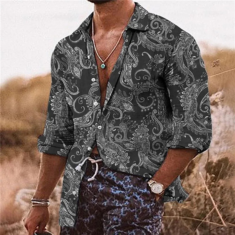Men's loose fit long sleeve shirt with a colourful 3D floral pattern print.