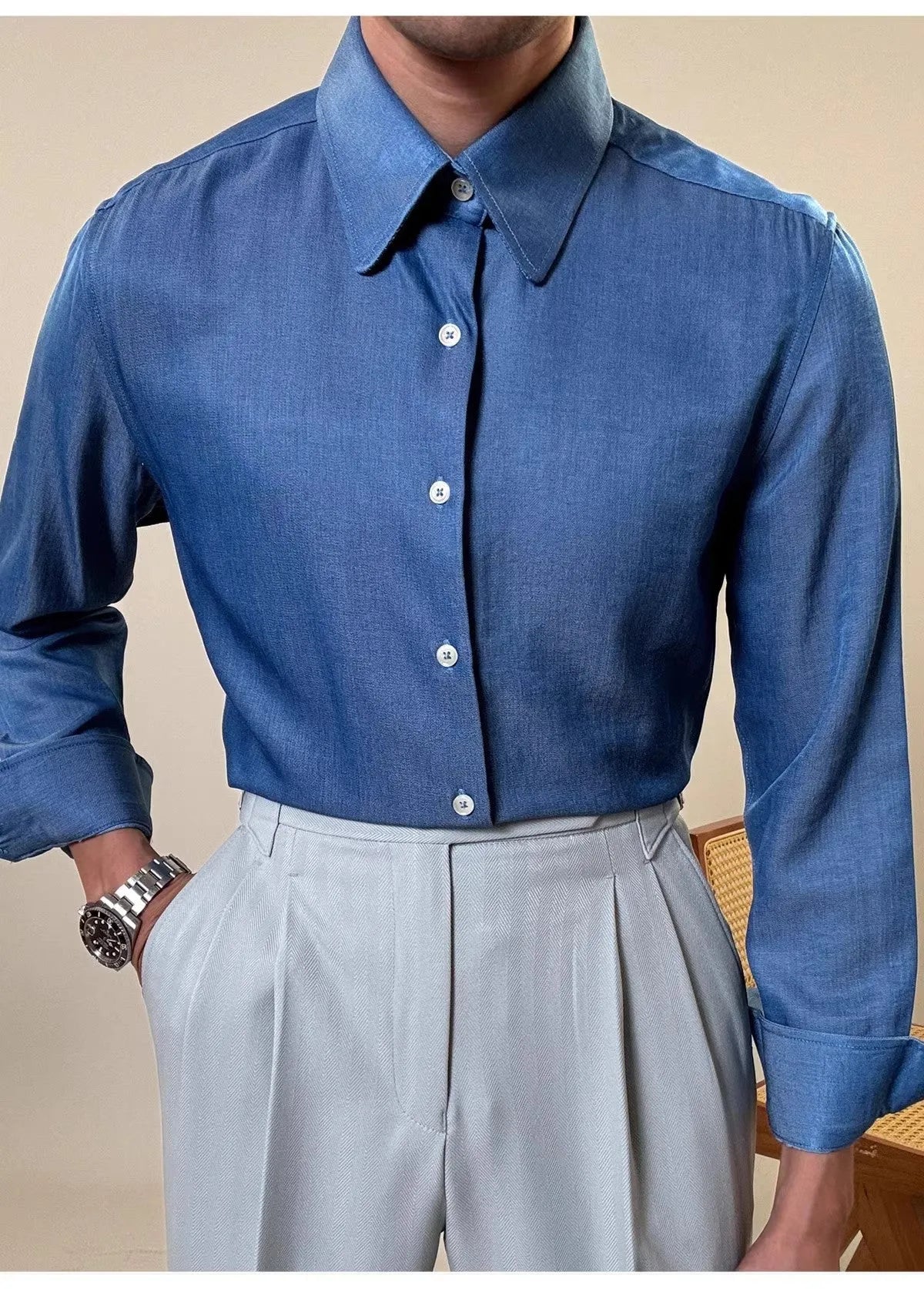Men's blue long sleeve shirt with round collar and slim fit design