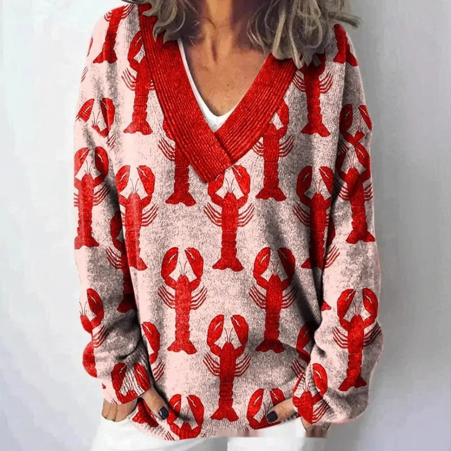 Women's long sleeve V-neck sweatshirt with a printed 3D floral pattern in retro style.