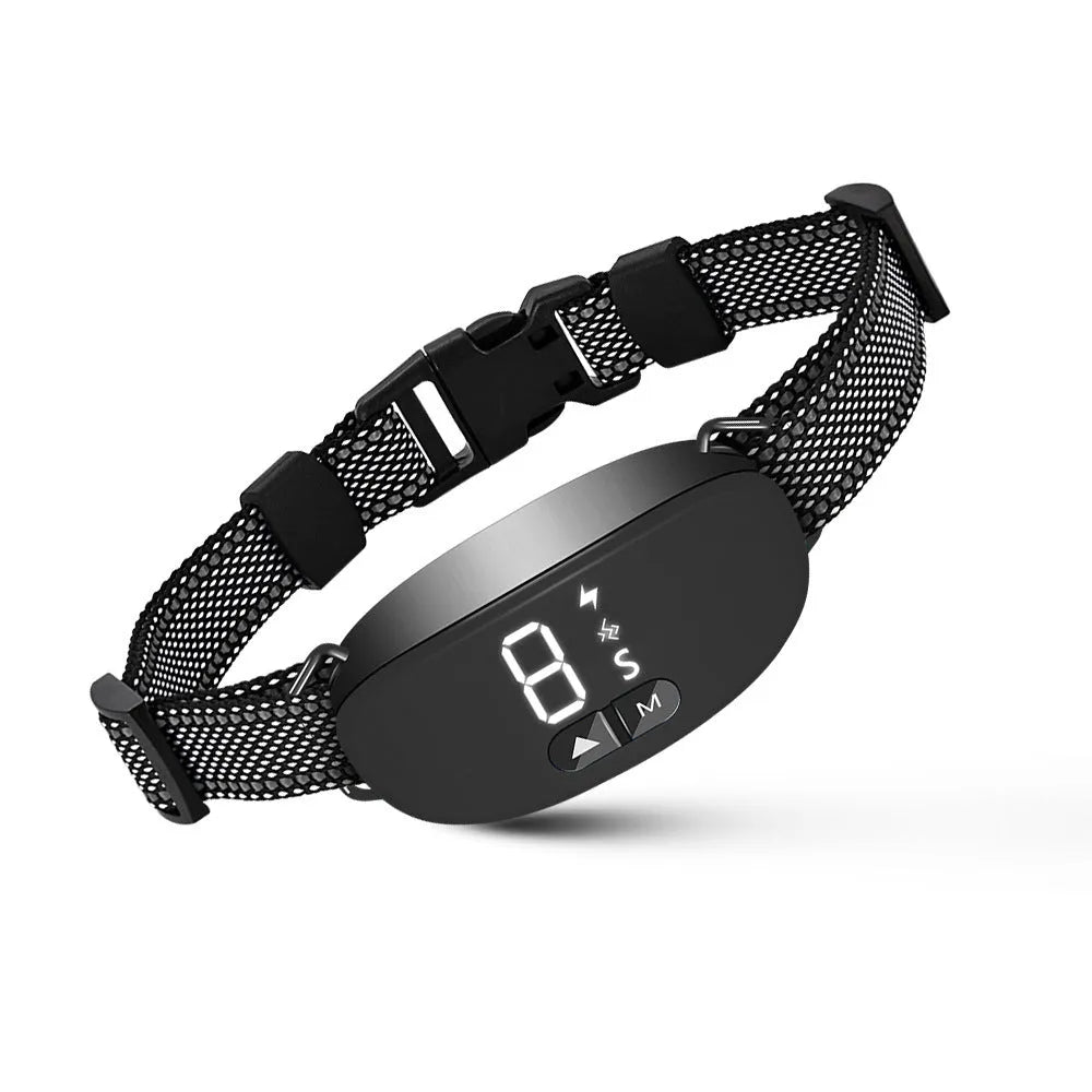 Bark Stopper plastic dog collar in black, orange, and white for barking prevention