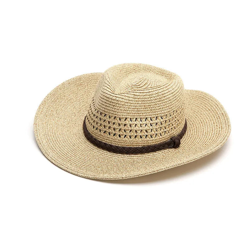 Men's foldable straw sun hat with wide brim in mixed beige colour on neutral background