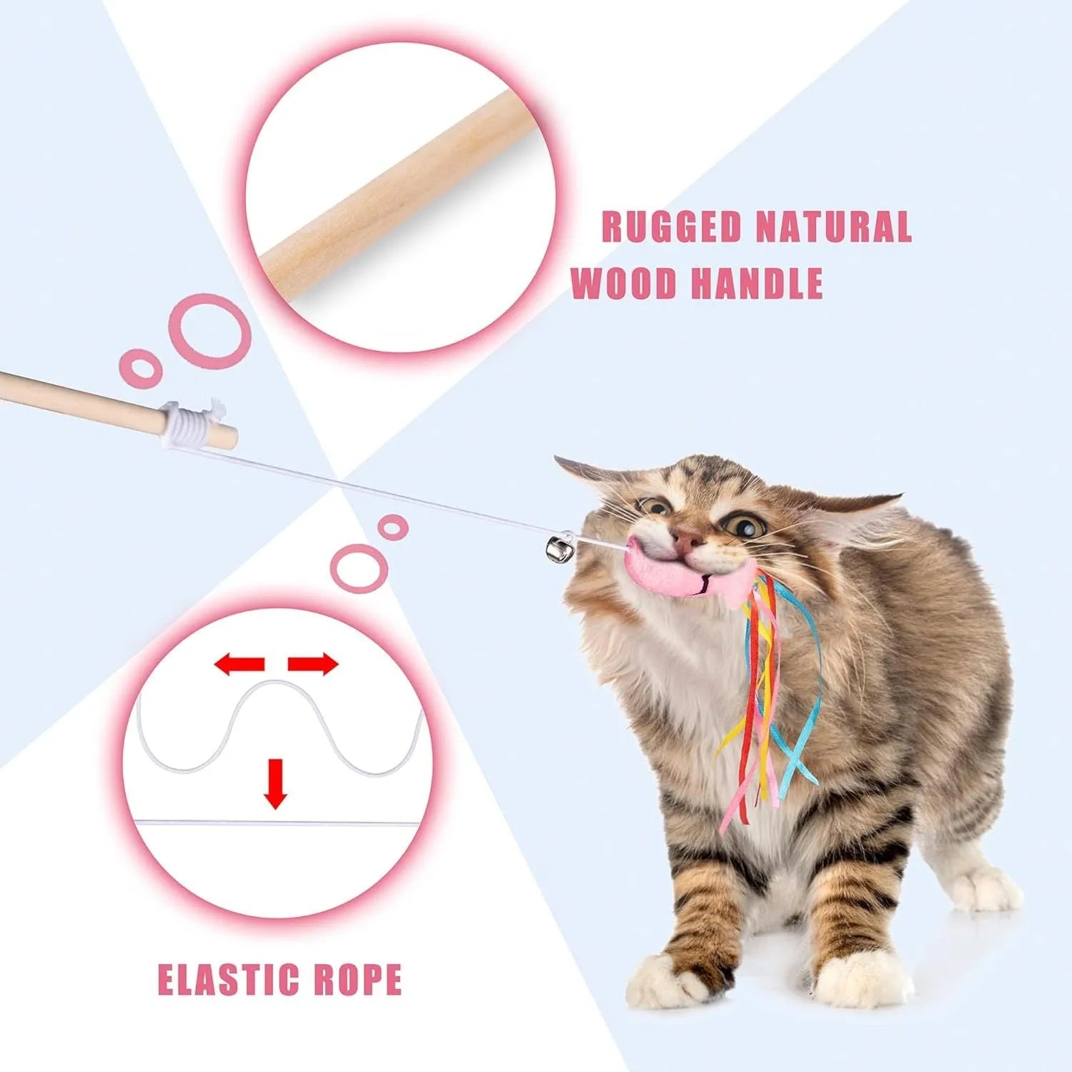 Cat wand toy with wooden handle, colourful ribbons, catnip fish and bell for indoor cats