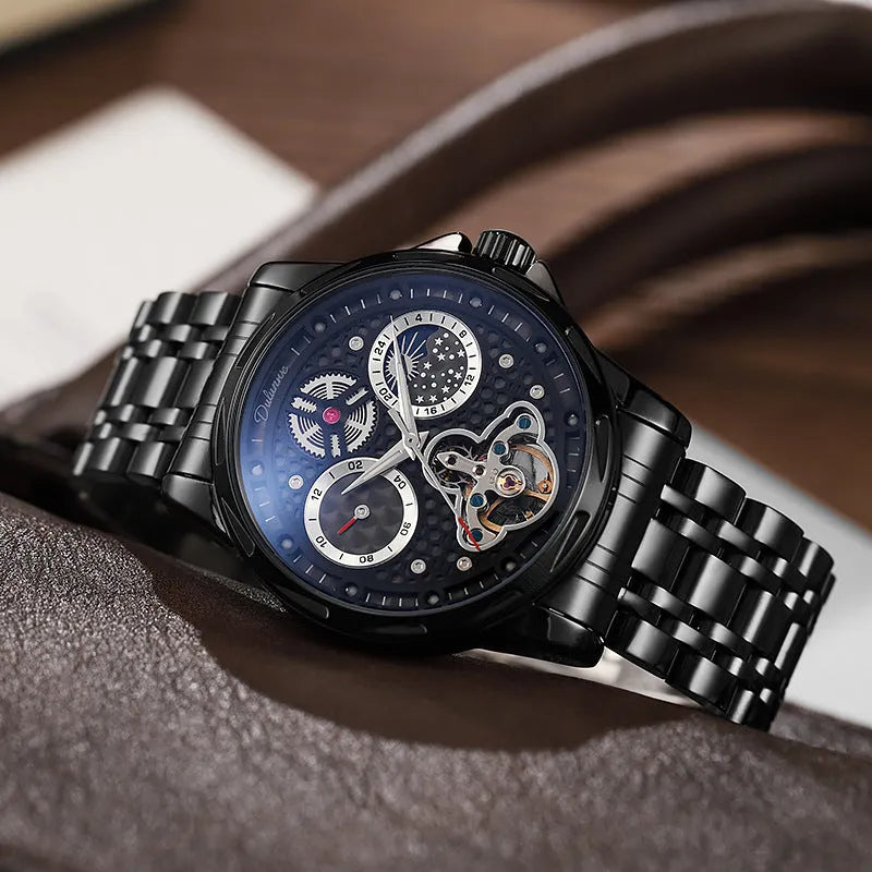 Men's waterproof automatic watch with luminous hands on steel bracelet, black dial, 13mm thick