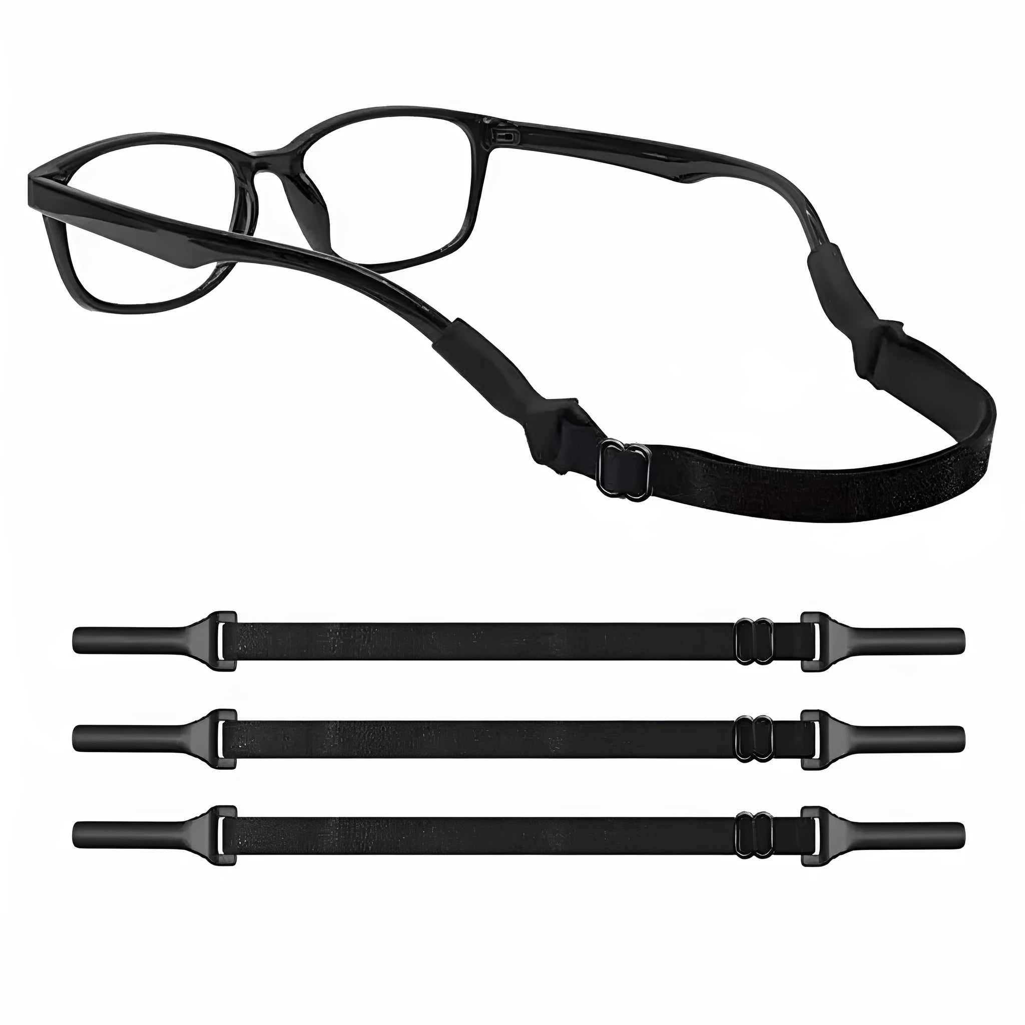 Black adjustable glasses cord with silicone hooks for anti-slip retention on spectacles