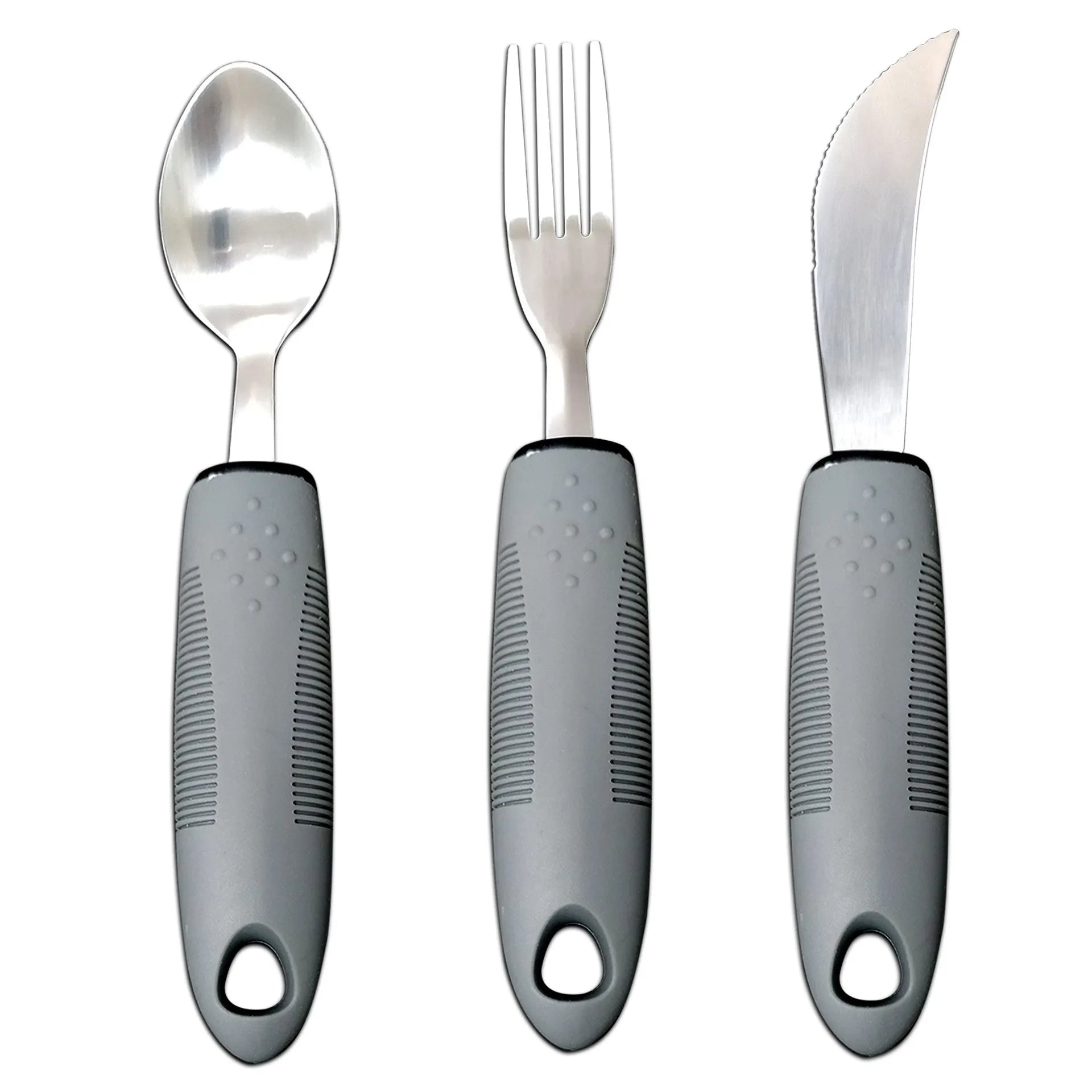 Stainless steel adaptive eating utensils with rubber anti-shake handles for elderly dining assistance