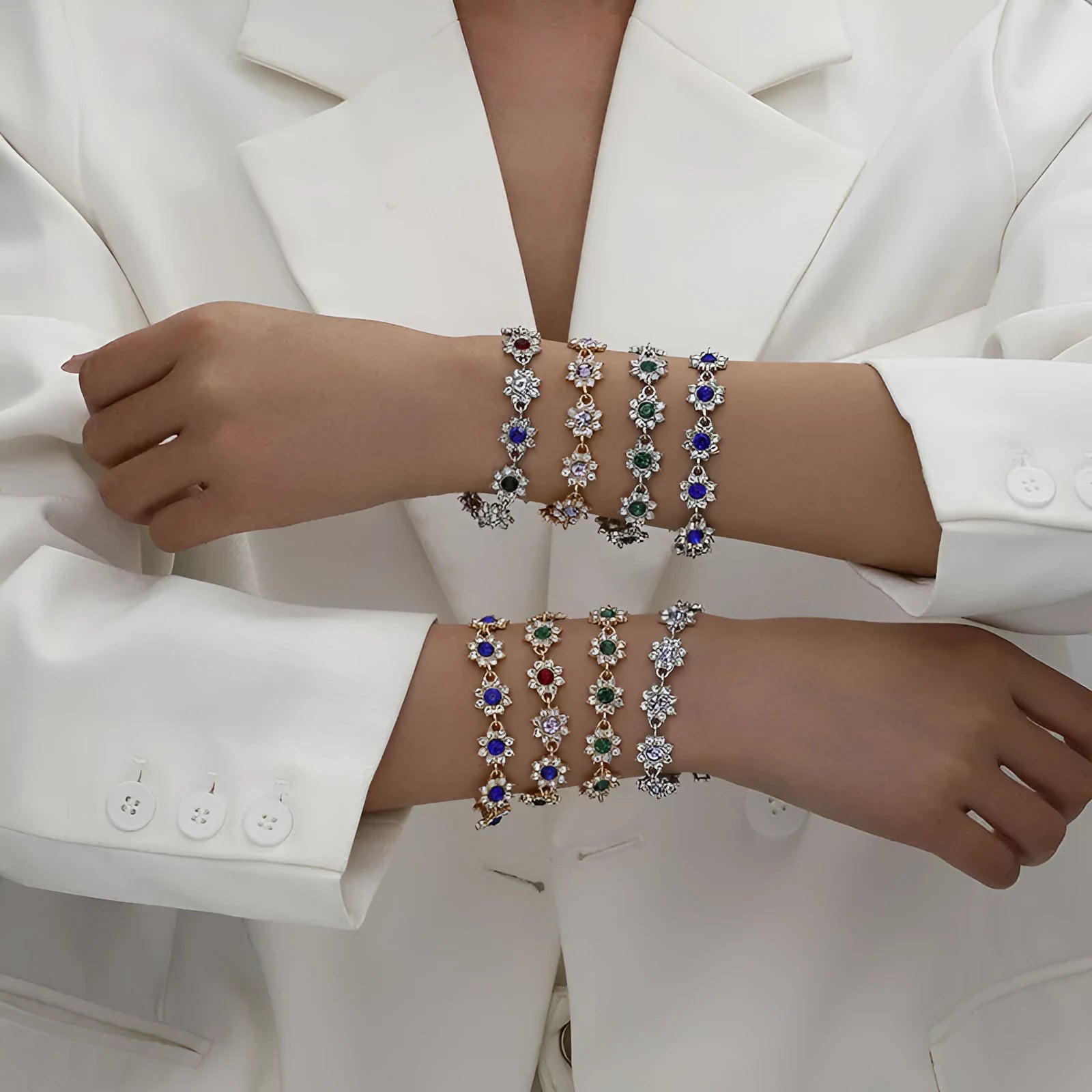 Zinc alloy flower bracelet with electroplated colour finish and colourful crystal decorations in gold and silver variations