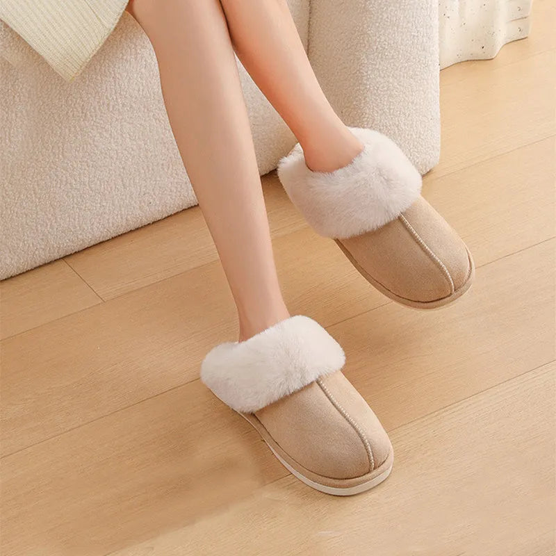 Women's winter plush slippers with artificial wool lining and non-slip PVC soles in various colours