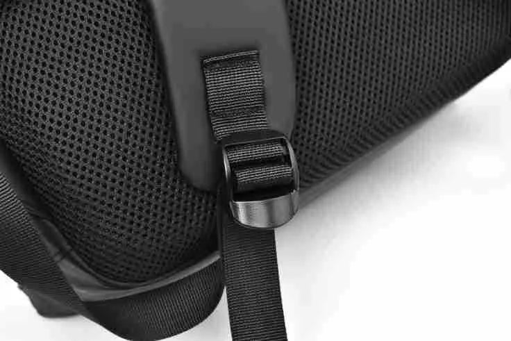 Large black waterproof PU leather backpack for men with sewing thread detailing and computer bag