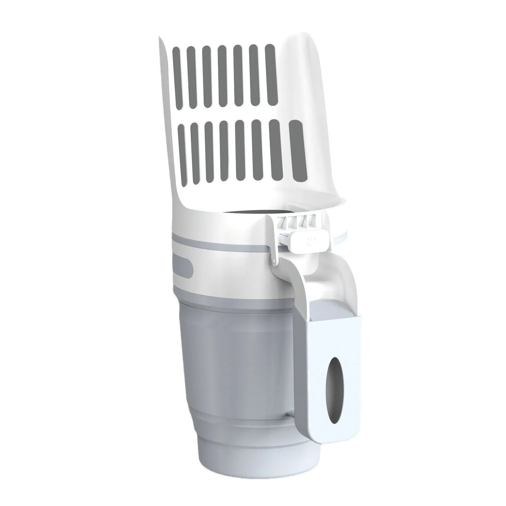 Grey foldable cat litter scoop with waste collection lid and refill bags for pet cleanup