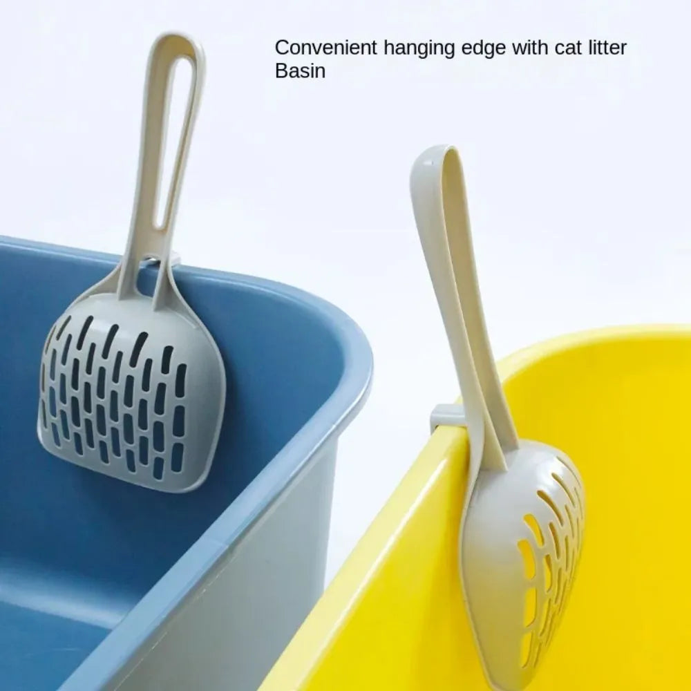 Grey plastic cat litter scoop with cleaning comb and separate storage base
