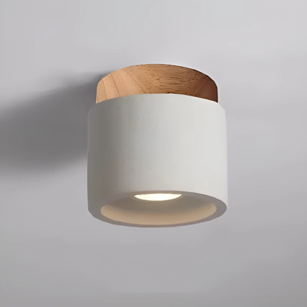 Cement Japanese-style ceiling lamp with log accents, White Sandstone finish, for corridor or restaurant